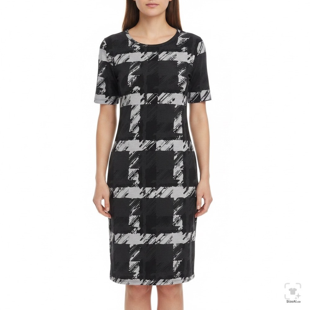 LuLaRoe XS Julia Black Grey Plaid Short Sleeve Sheath Knit Bodycon Knee Dress
